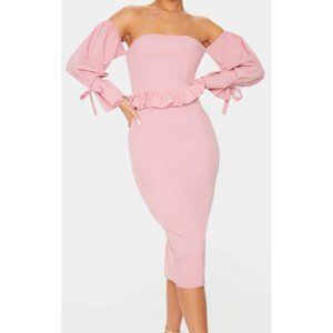 PRETTY Little Thing Women's Dusty Pink Pleated Waist Bardot Midi Dress Size 14